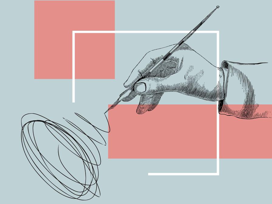Illustration af en hånd, der holder en pen og skriver.